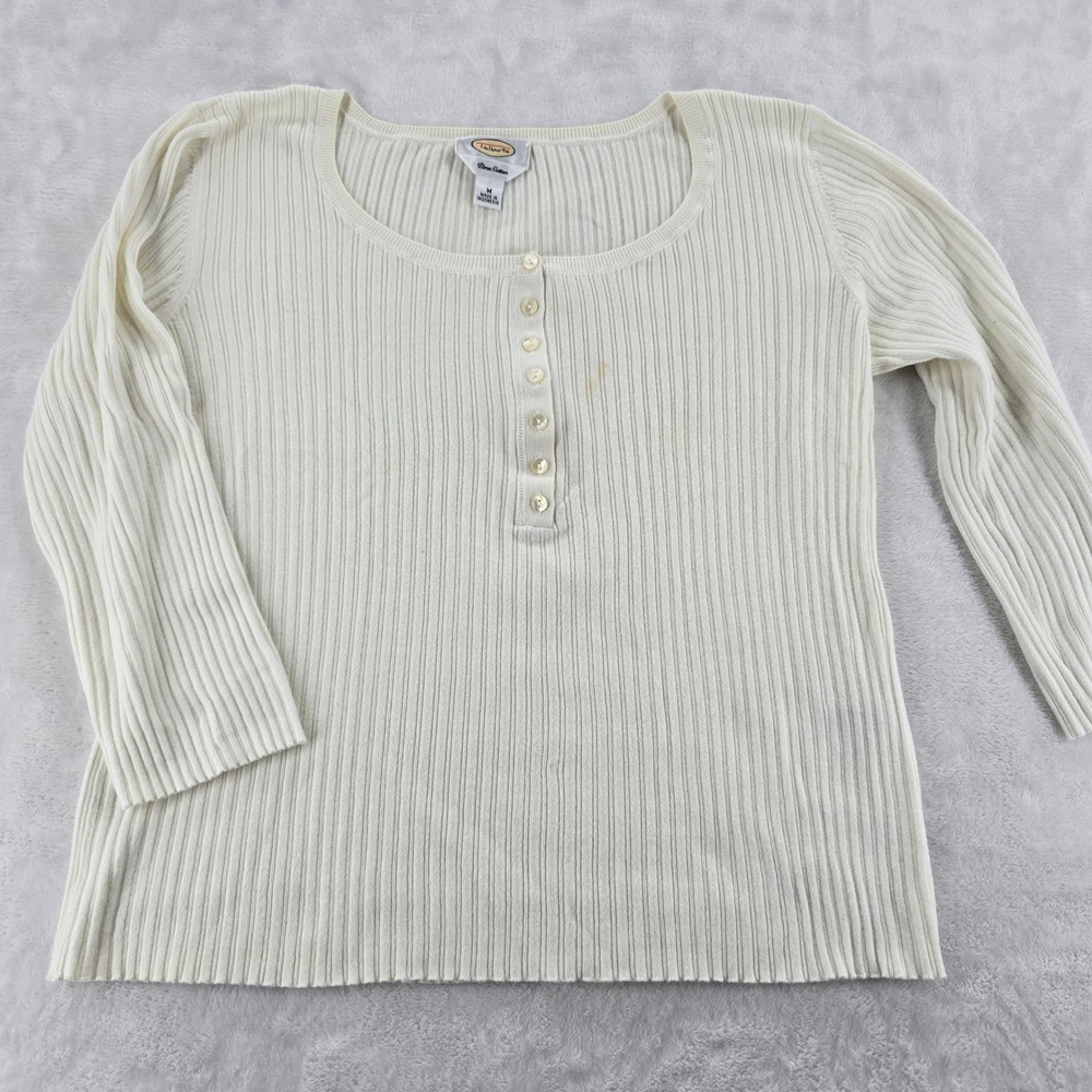 Talbots Top Medium Cream Ribbed Pima Cotton Henley Long Sleeve Scoop Neck